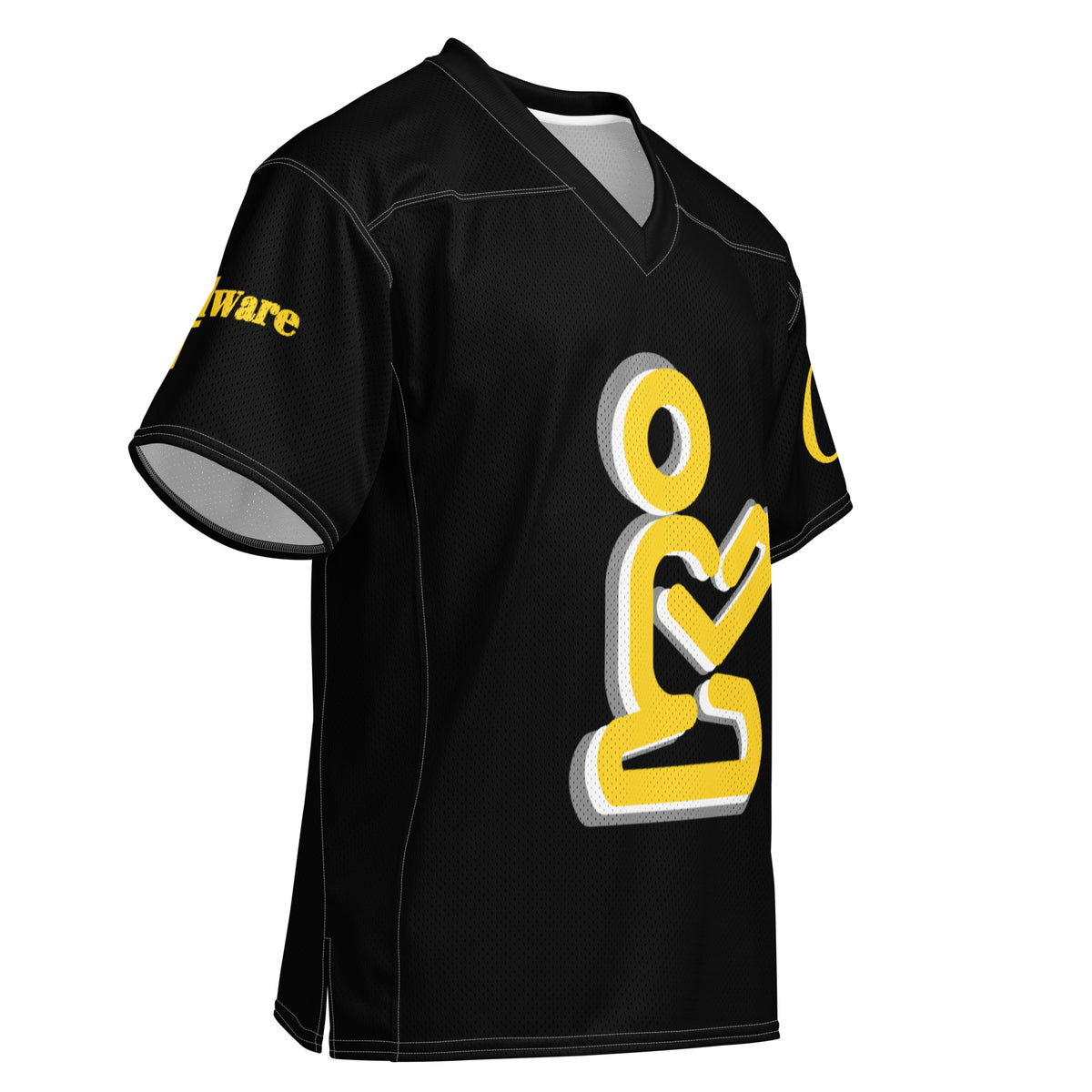 Yahweh Christian football jersey in black with yellow praying figure and GodWare branding on sleeve.