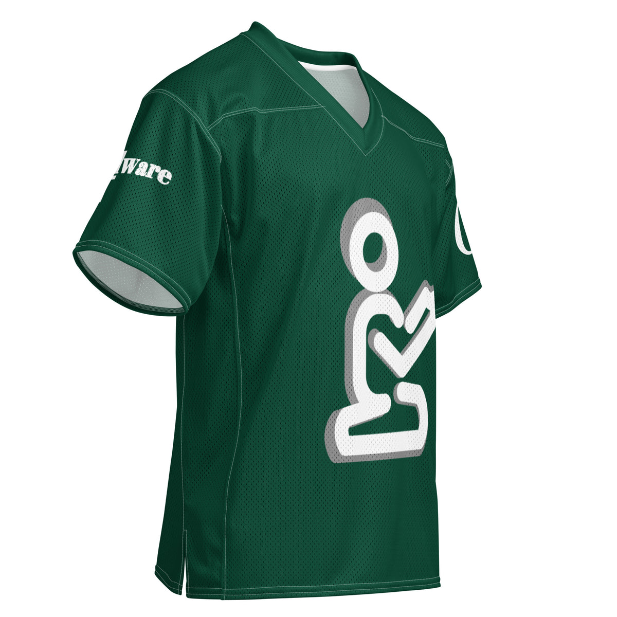 Yahweh Christian football jersey in deep green with a white praying figure and GodWare branding.