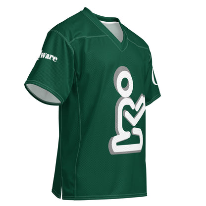 Yahweh Christian football jersey in deep green with a white praying figure and GodWare branding.