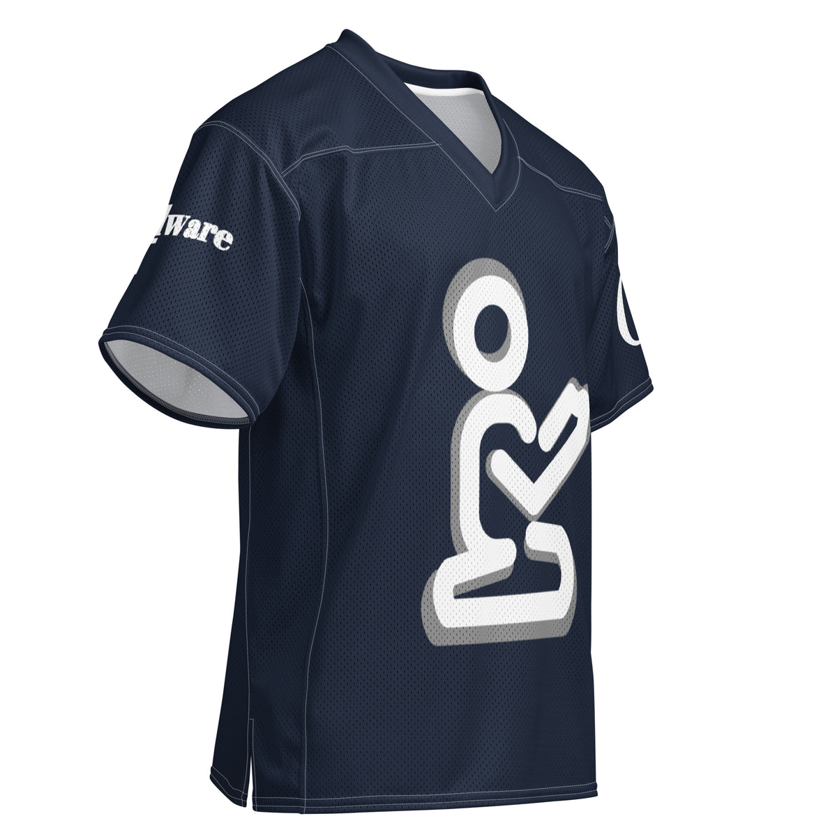 Opposite front angle of navy Christian football jersey with white praying figure and gray shadow accents