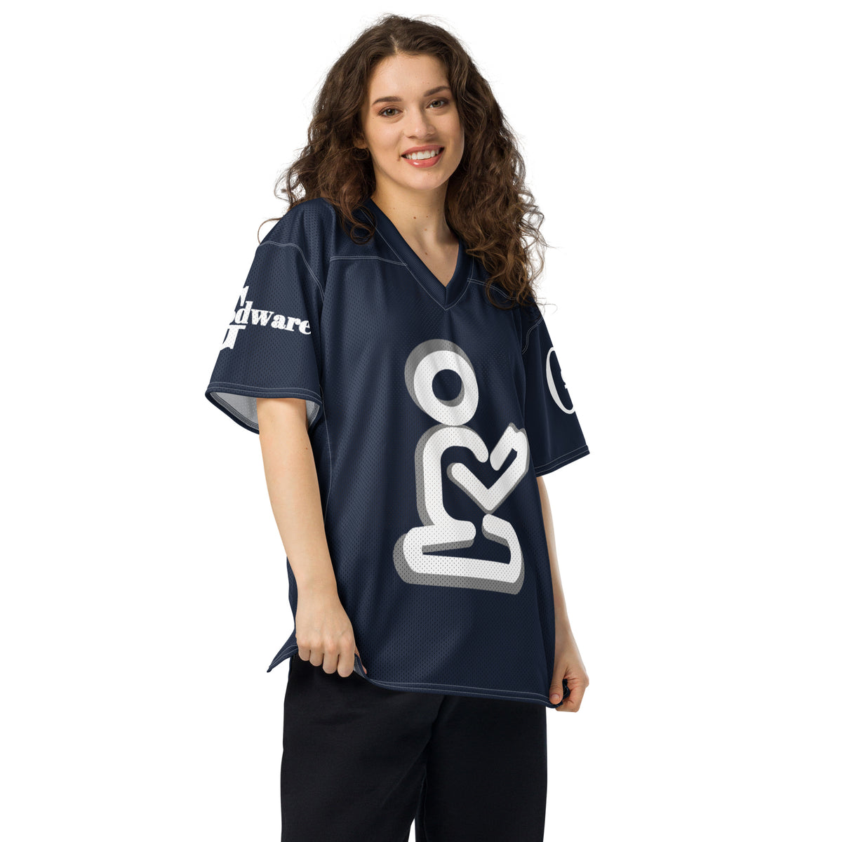 Model showing the loose fit of navy Christian football jersey with white-and-gray prayer artwork