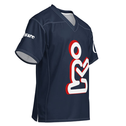 Opposite front angle of navy Christian football jersey with white-and-red praying figure