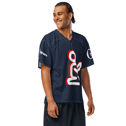 Model wearing navy Christian football jersey at an angle, showing prayer artwork and sleeve branding