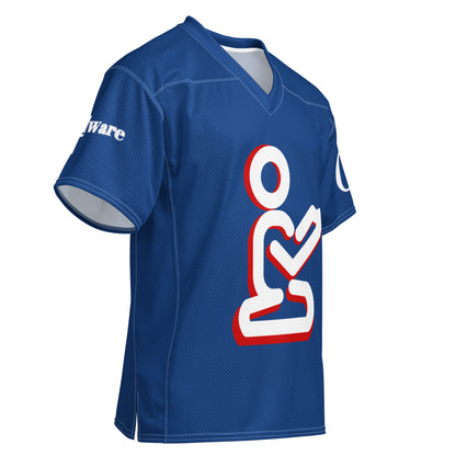 Christian football jersey in royal blue featuring praying figure design and GodWare branding.