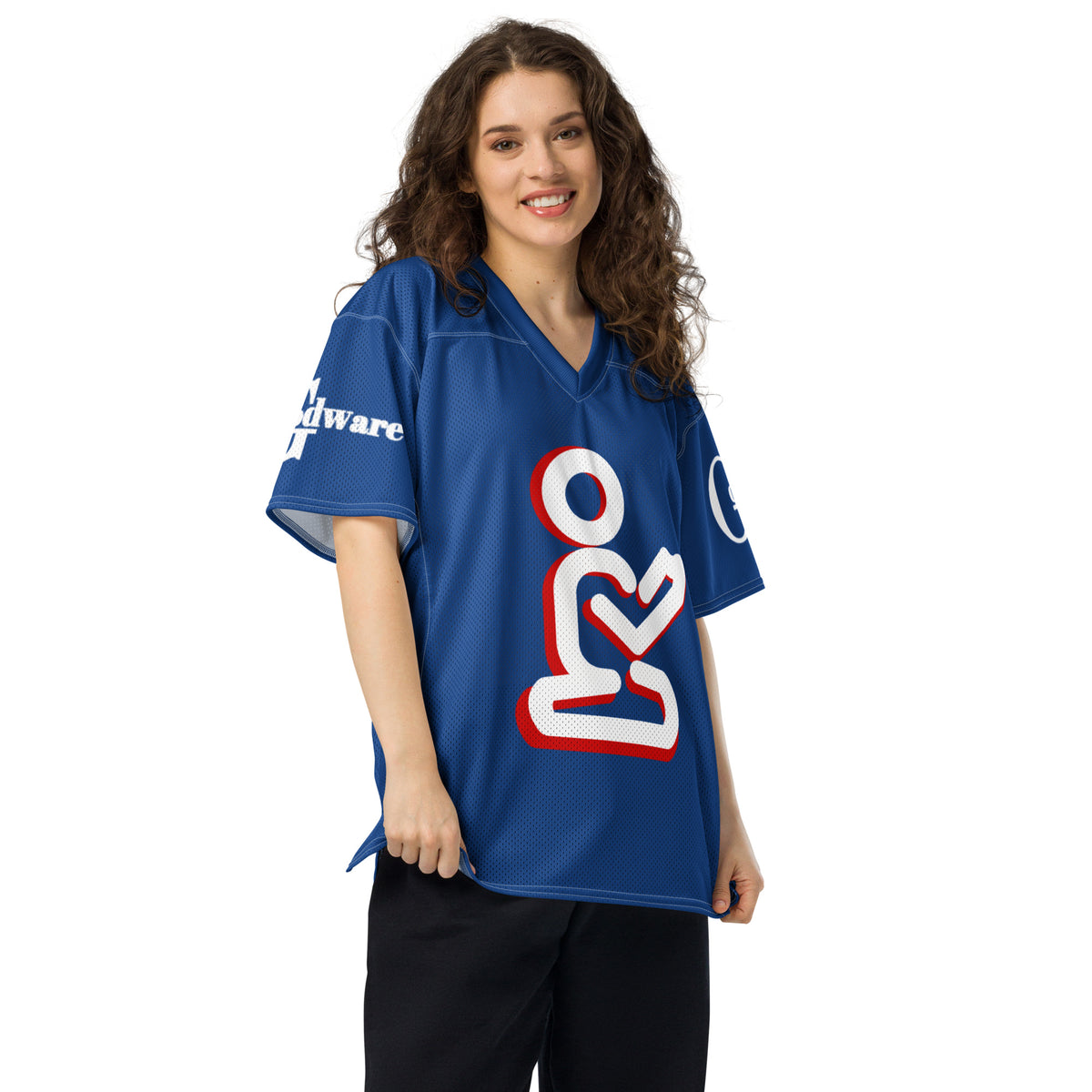 Model showing the loose fit of royal blue Christian football jersey with prayer artwork