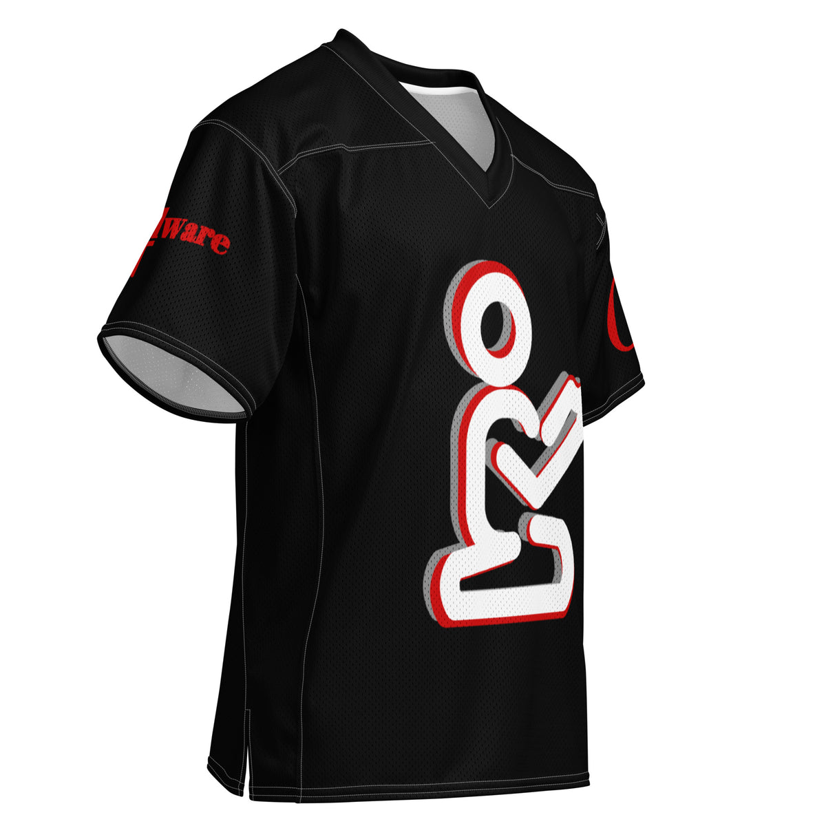 Christian football jersey featuring a black base, white praying figure, and red accents by GodWare.