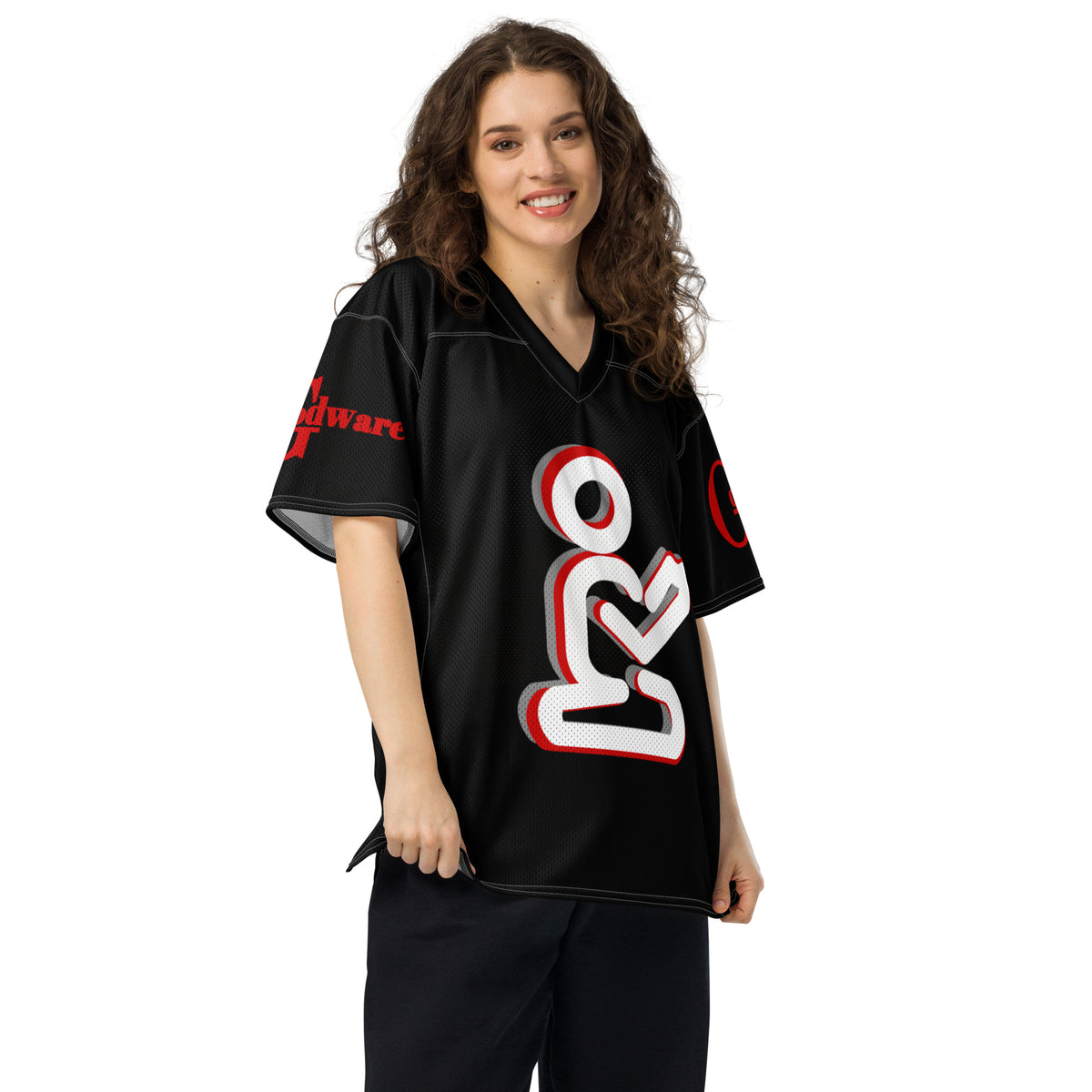 Yahweh Christian football jersey in black with red accents and white praying figure, perfect for game-day.
