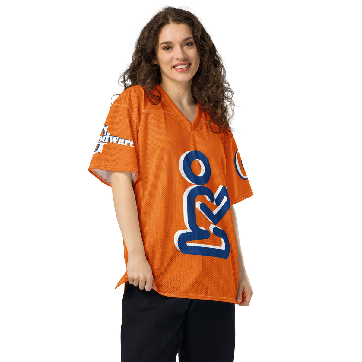 Christian Yahweh football jersey in orange worn by a smiling woman, showcasing breathable design and casual style.