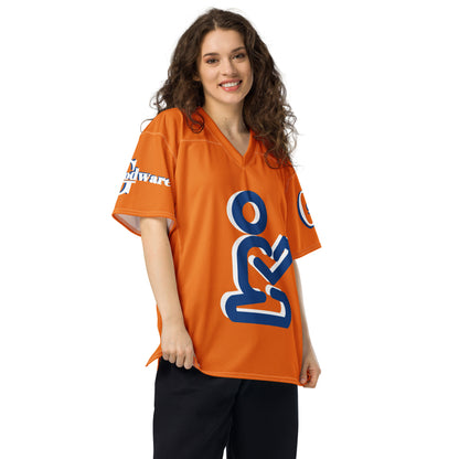 Christian Yahweh football jersey in orange worn by a smiling woman, showcasing breathable design and casual style.
