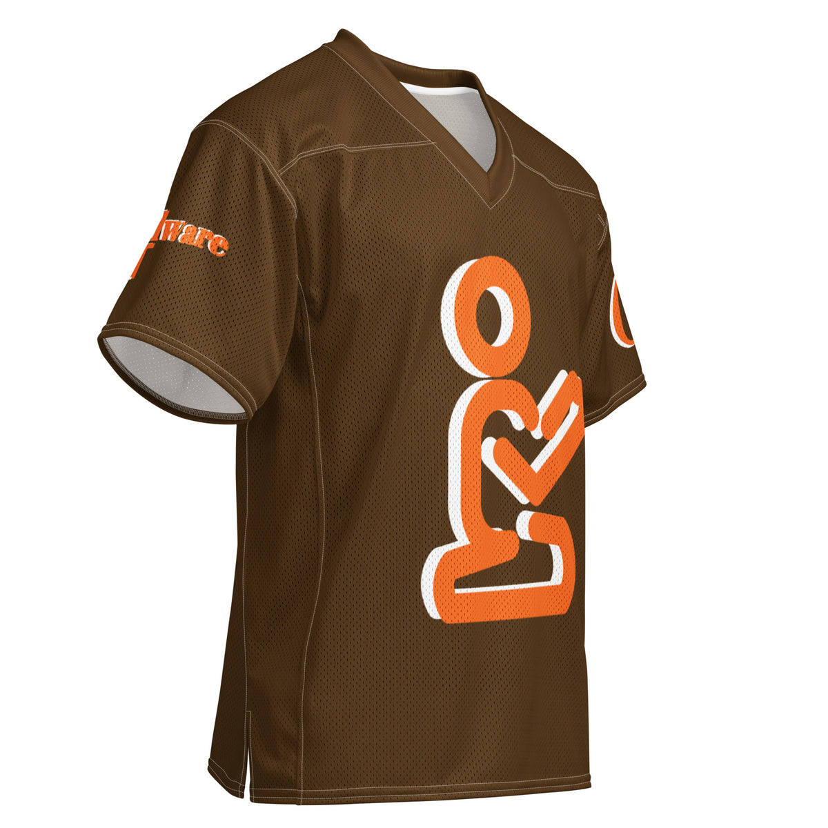 Christian Yahweh football jersey in orange and white on brown, featuring breathable mesh for comfort.