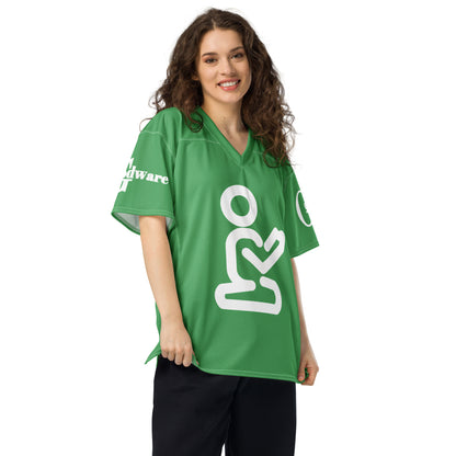 Model wearing a green Yahweh Christian football jersey with a comfortable fit and breathable mesh.