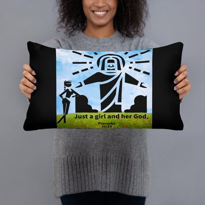 Woman smiling holding small blue pillow with woman with Proverbs 31 on it and Jesus image