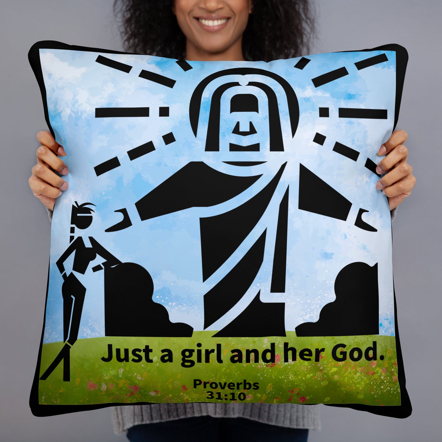 Woman smiling holding Large blue pillow with woman with Proverbs 31 on it and Jesus image
