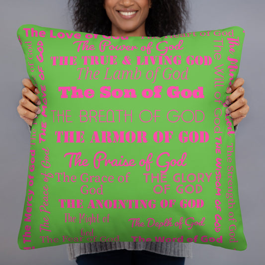 Attributes of God Inspirational Throw Pillow - Pink/Green