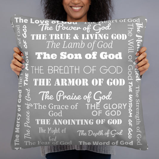 Attributes of God Inspirational Throw Pillow - Medium Grey