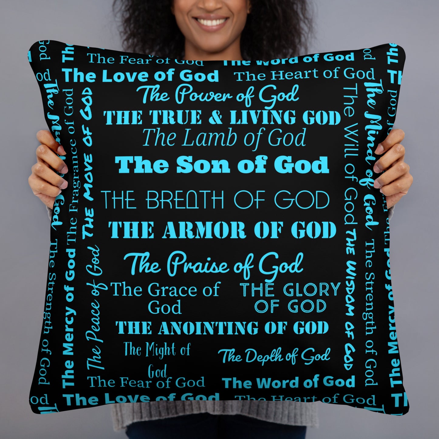 Attributes of God Throw Pillow - Turq/Black