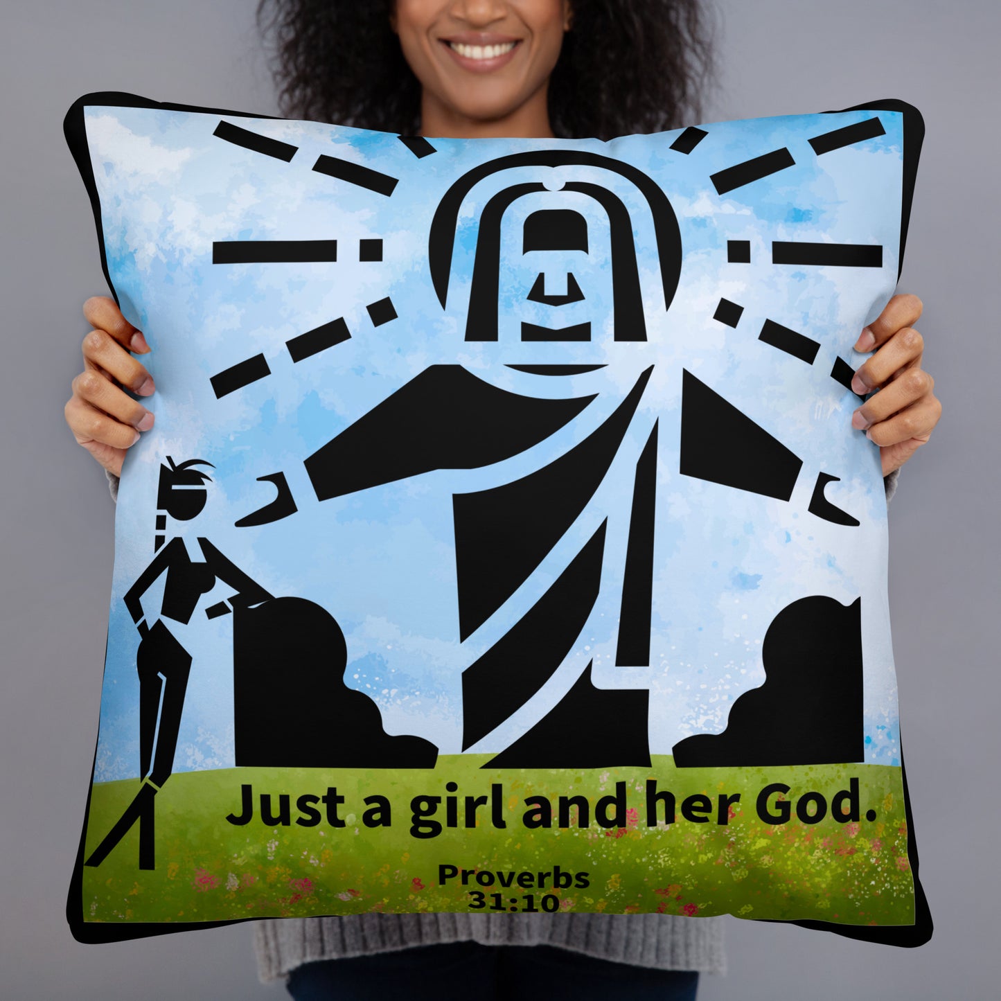 Woman smiling holding Large blue pillow with woman with Proverbs 31 on it and Jesus image