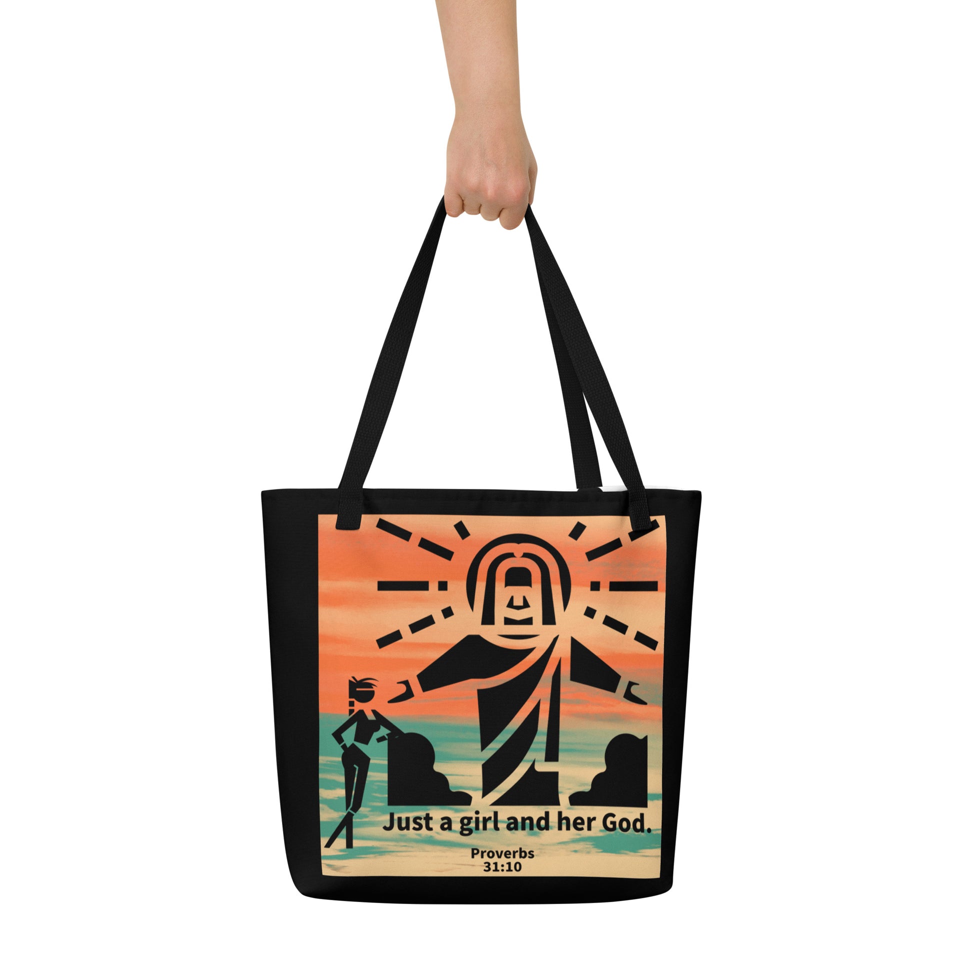 tote bag; girl holding bag; bag with girl