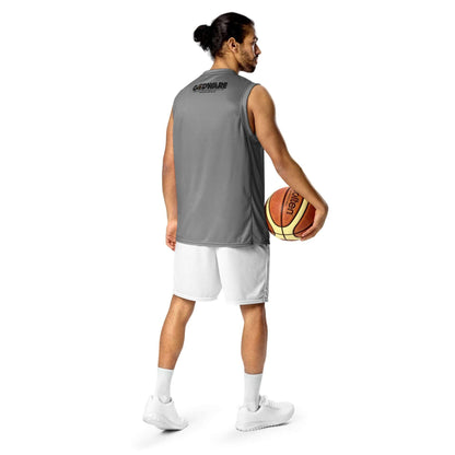 Man in a grey Pray Christian Grey recycled mesh basketball jersey holding a basketball from behind.