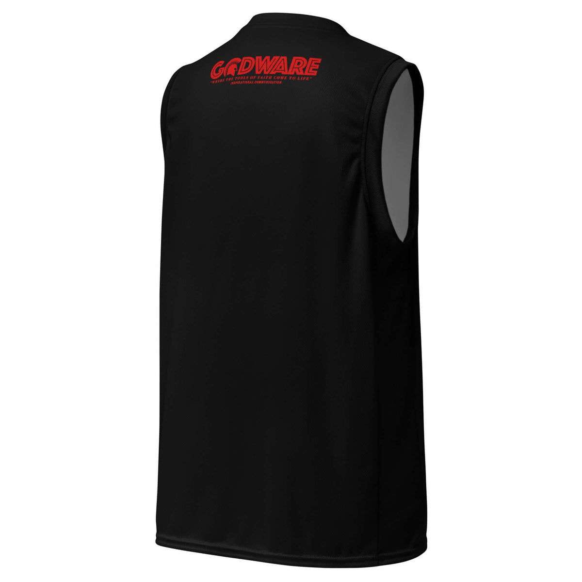 Black and red Pray Christian mesh basketball jersey, back view