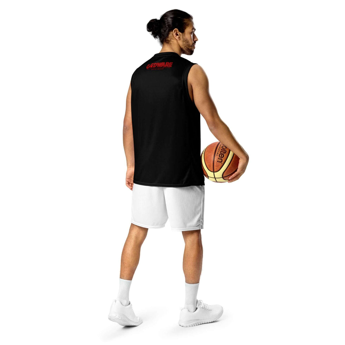Model wearing a Pray Christian black basketball jersey, holding a basketball, showcasing game-day comfort and style.