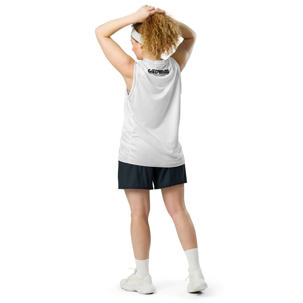 Back view of a person wearing a white Pray Christian recycled mesh basketball jersey, showcasing sporty style and comfort.
