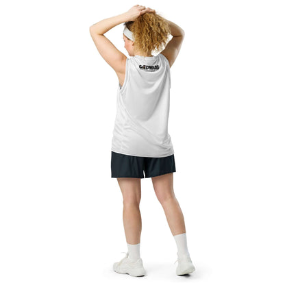 Back view of a person wearing a white Pray Christian recycled mesh basketball jersey, showcasing sporty style and comfort.