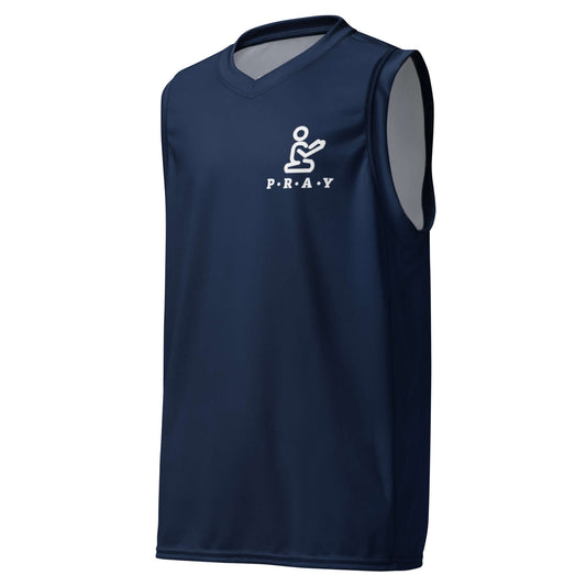 Navy blue Pray Christian mesh basketball jersey, front view