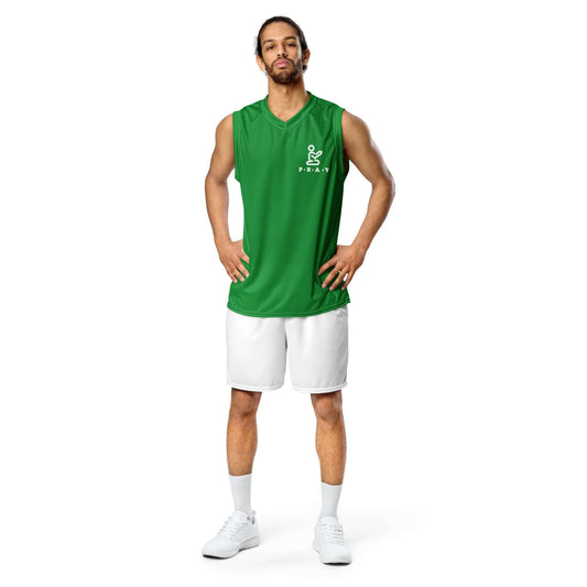 Man standing with hands on hips wearing Green Pray Christian mesh basketball jersey, front view