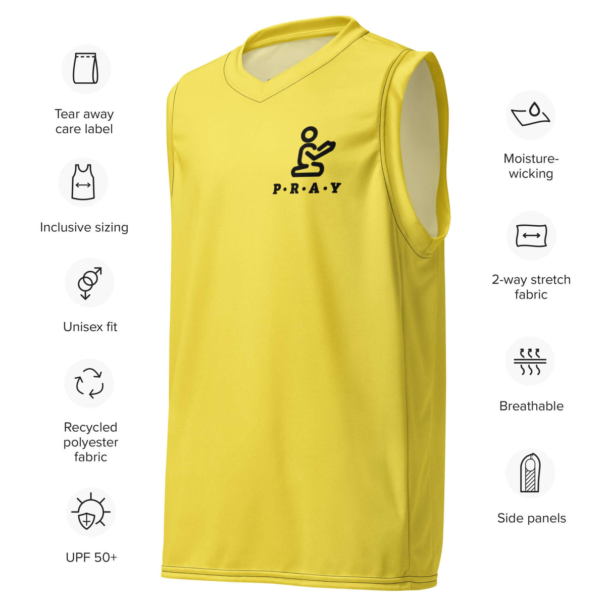 Yellow Pray Christian recycled mesh basketball jersey, front view