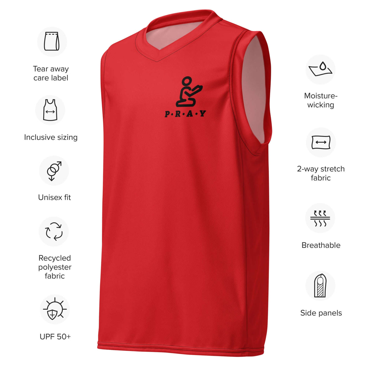 Red and black Pray Christian mesh basketball jersey, front view