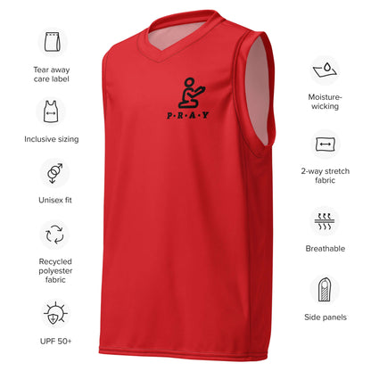 Red and black Pray Christian mesh basketball jersey, front view
