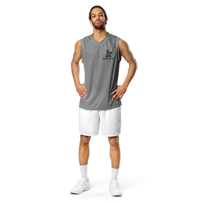 A man wearing a grey Pray Christian Grey Recycled Mesh Basketball Jersey with shorts, showcasing sporty style and comfort.