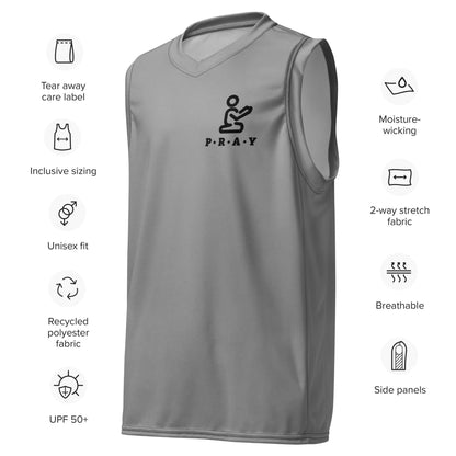 Grey Pray Christian recycled mesh basketball jersey, front view