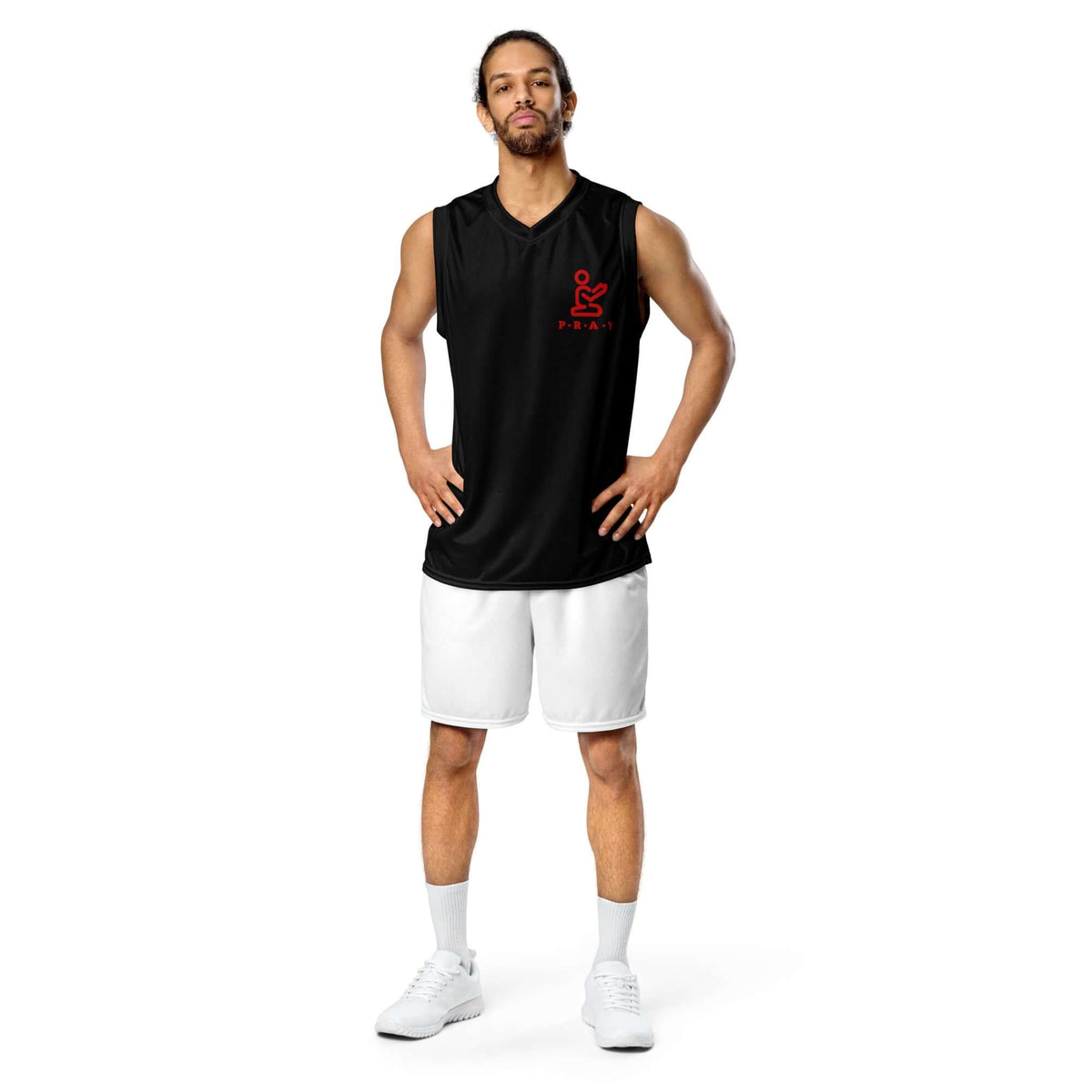 Unisex black and red Pray Christian mesh basketball jersey worn by a man, perfect for game days and streetwear.