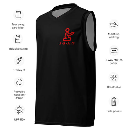 Black and red Pray Christian mesh basketball jersey, front view
