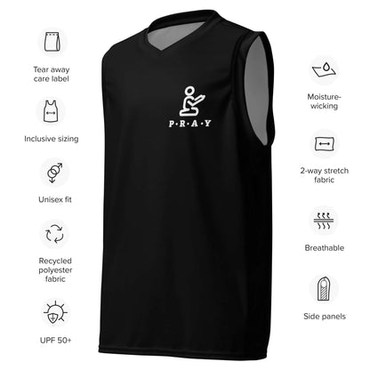 Pray Christian black mesh basketball jersey featuring breathable, unisex fit and recycled polyester fabric.