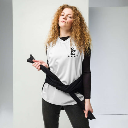Model wearing a Pray Christian recycled mesh basketball jersey in white with a stylish streetwear look.