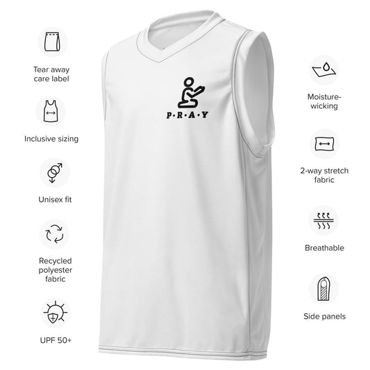 White Pray Christian recycled mesh basketball jersey, front view