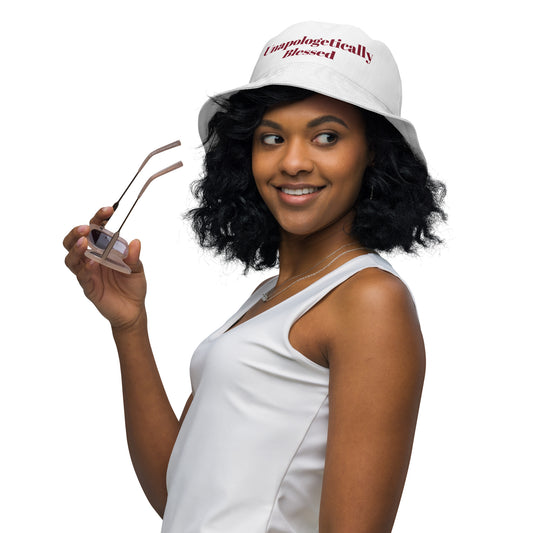 Unapologetically Blessed bucket hat - White w/Maroon/Burgundy print