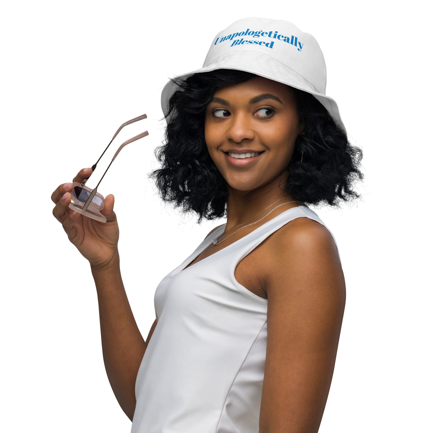 Unapologetically Blessed bucket hat - White/Blue print