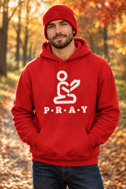 Autumn lifestyle mockup of the red Pray hoodie and matching beanie