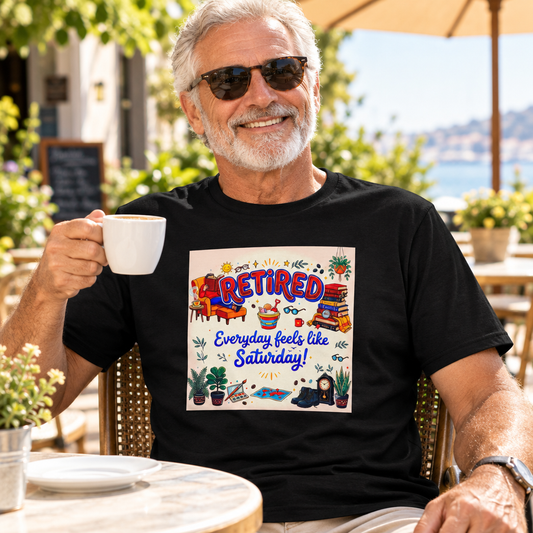 Man with black sunglasses sitting in a cafe setting, holding a white cup of coffee, wearing a Black Retired shirt lifestyle mockup