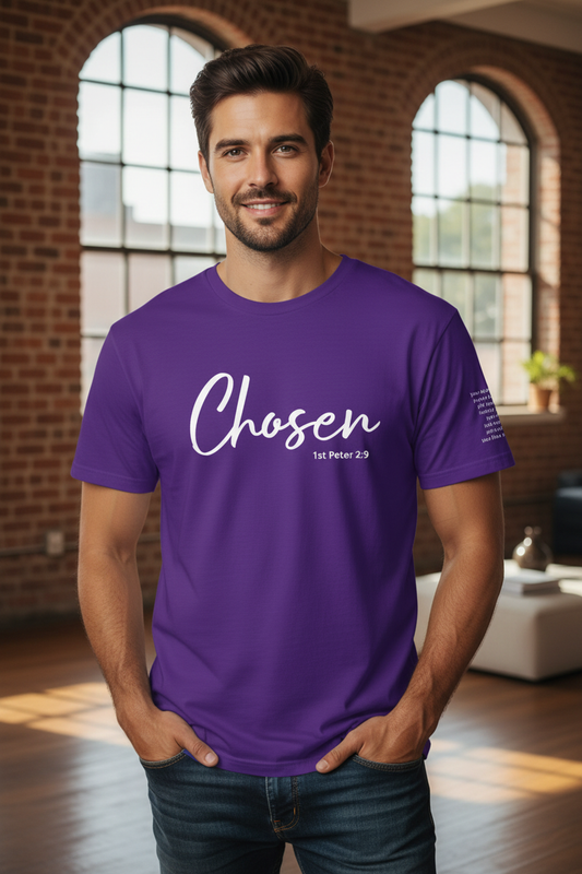 Chosen 1st Peter 2:9 Purple T-Shirt – Male Lifestyle Mockup