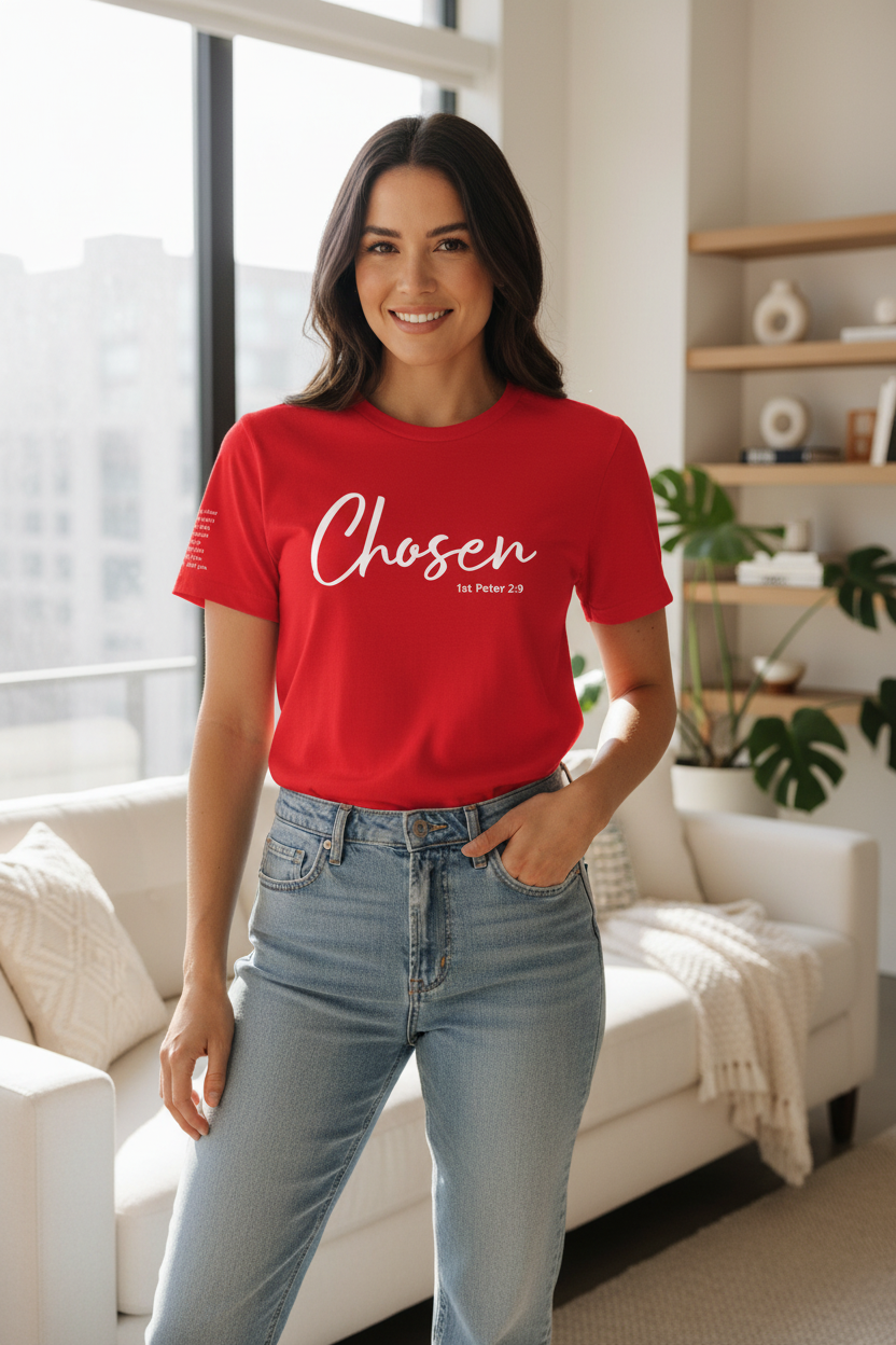 Chosen 1st Peter 2:9 Red T-Shirt – Female Lifestyle Mockup