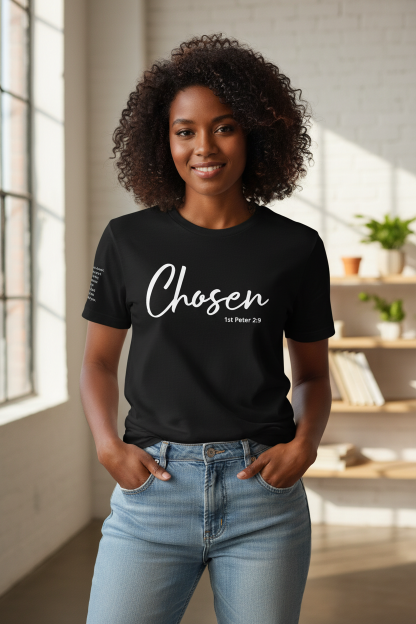 Chosen Black T-Shirt – Female Lifestyle Mockup