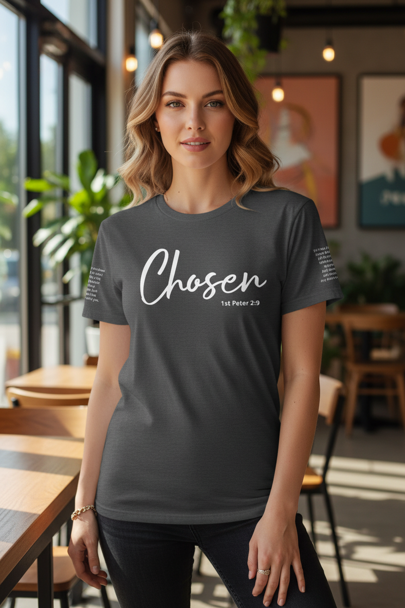 Chosen Dark Heather Grey T-Shirt – Female Lifestyle Mockup