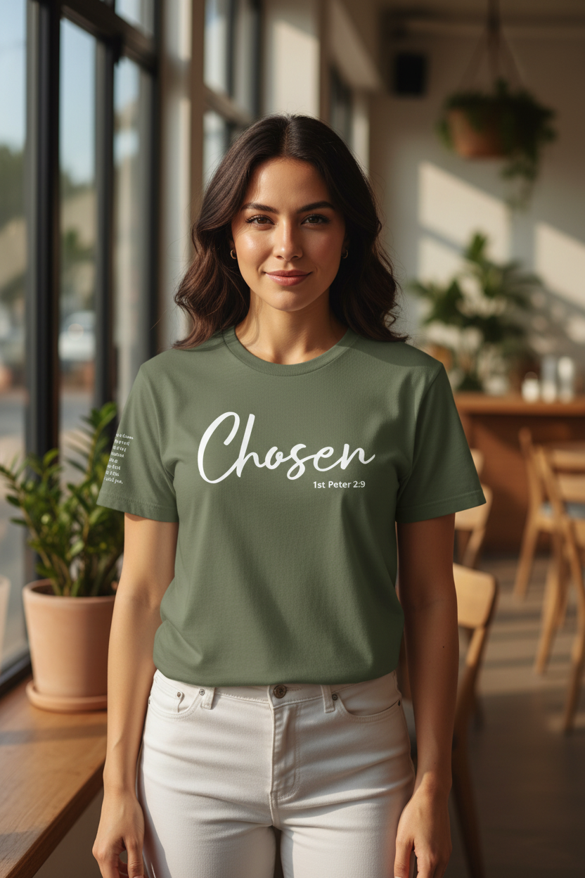 Chosen Military Green T-Shirt – Female Lifestyle Mockup