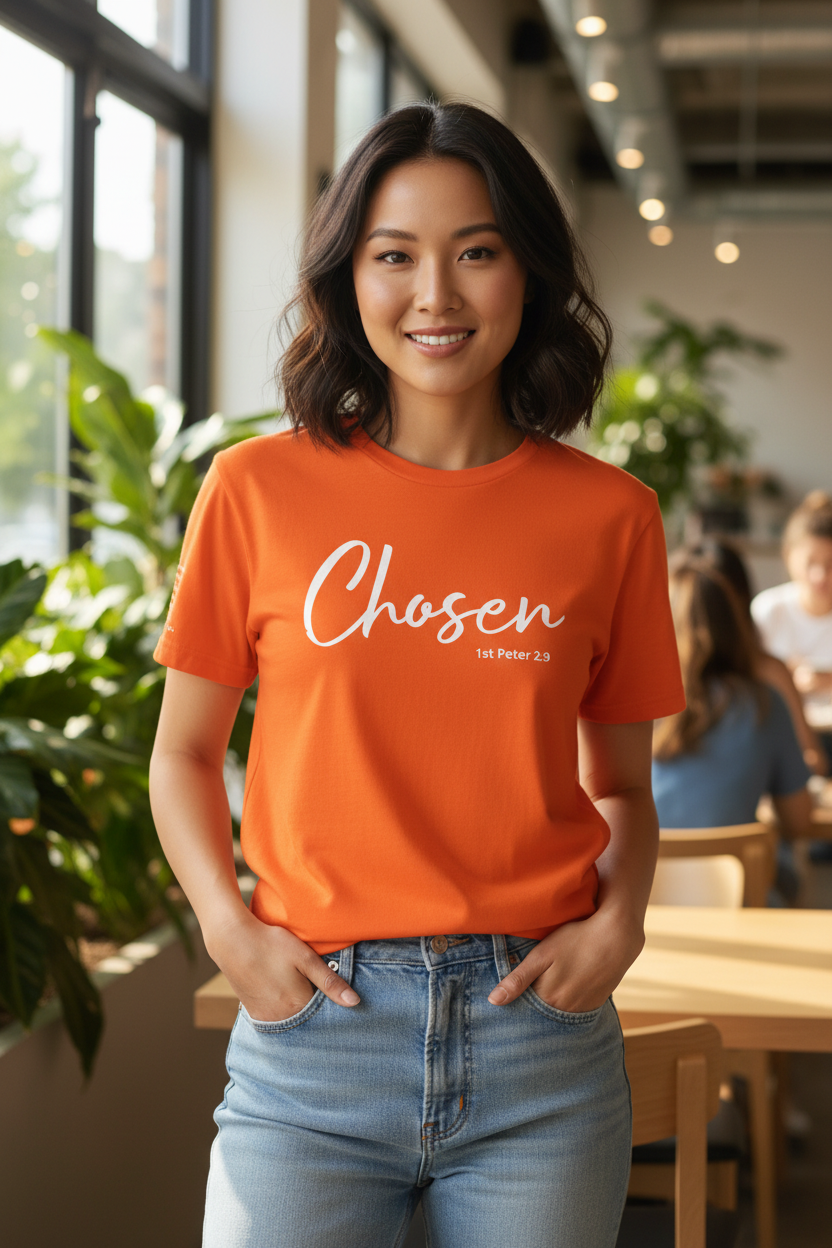 Chosen Orange T-Shirt – Female Lifestyle Mockup