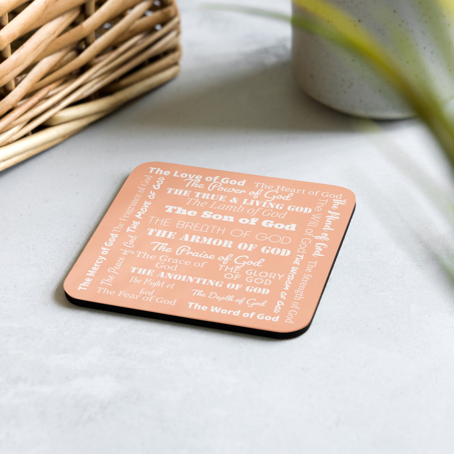 Attributes of God plastic & cork back coaster - Peach